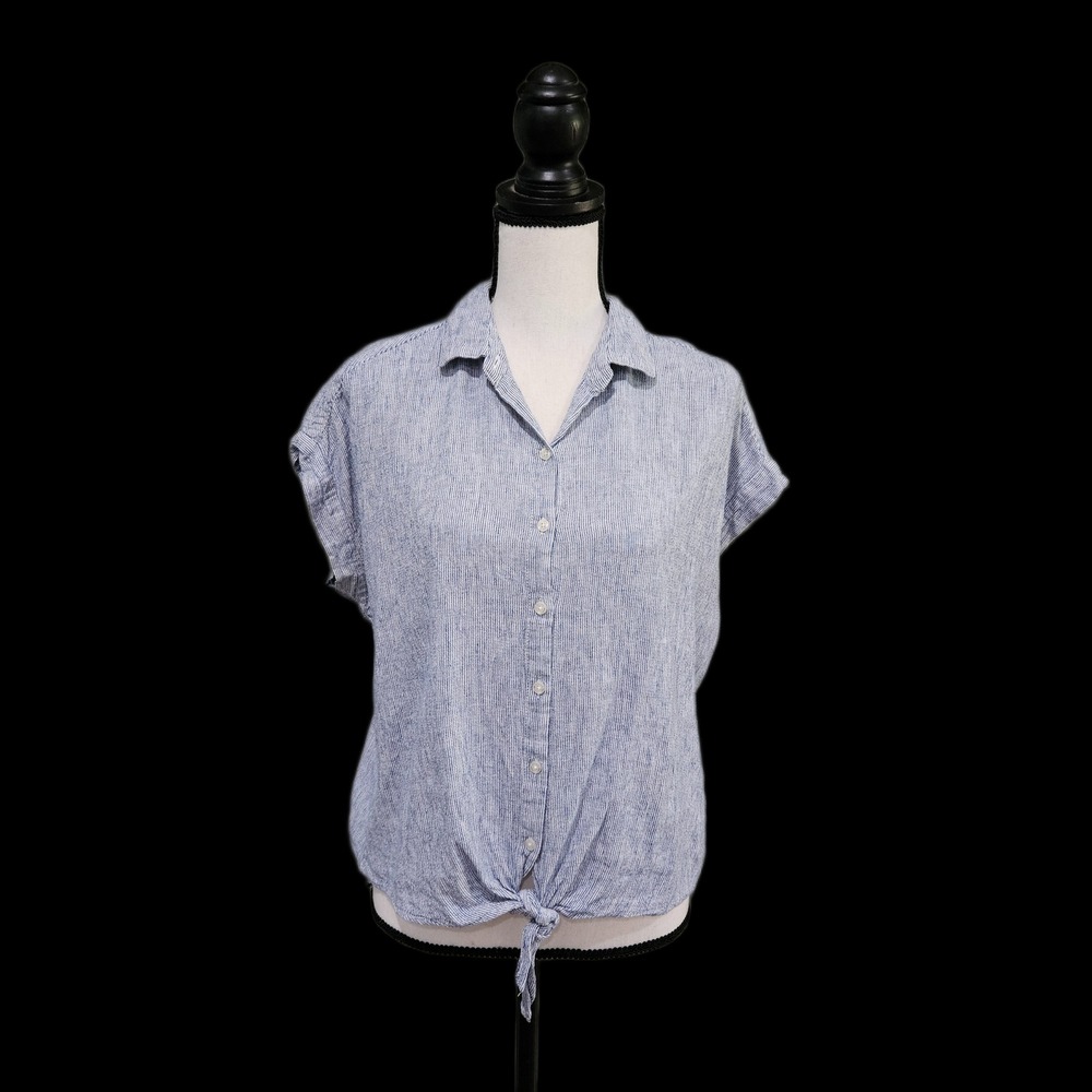 Weatherproof Vintage Medium Washable Linen Blue Short Sleeve Tie Waist‎ Top